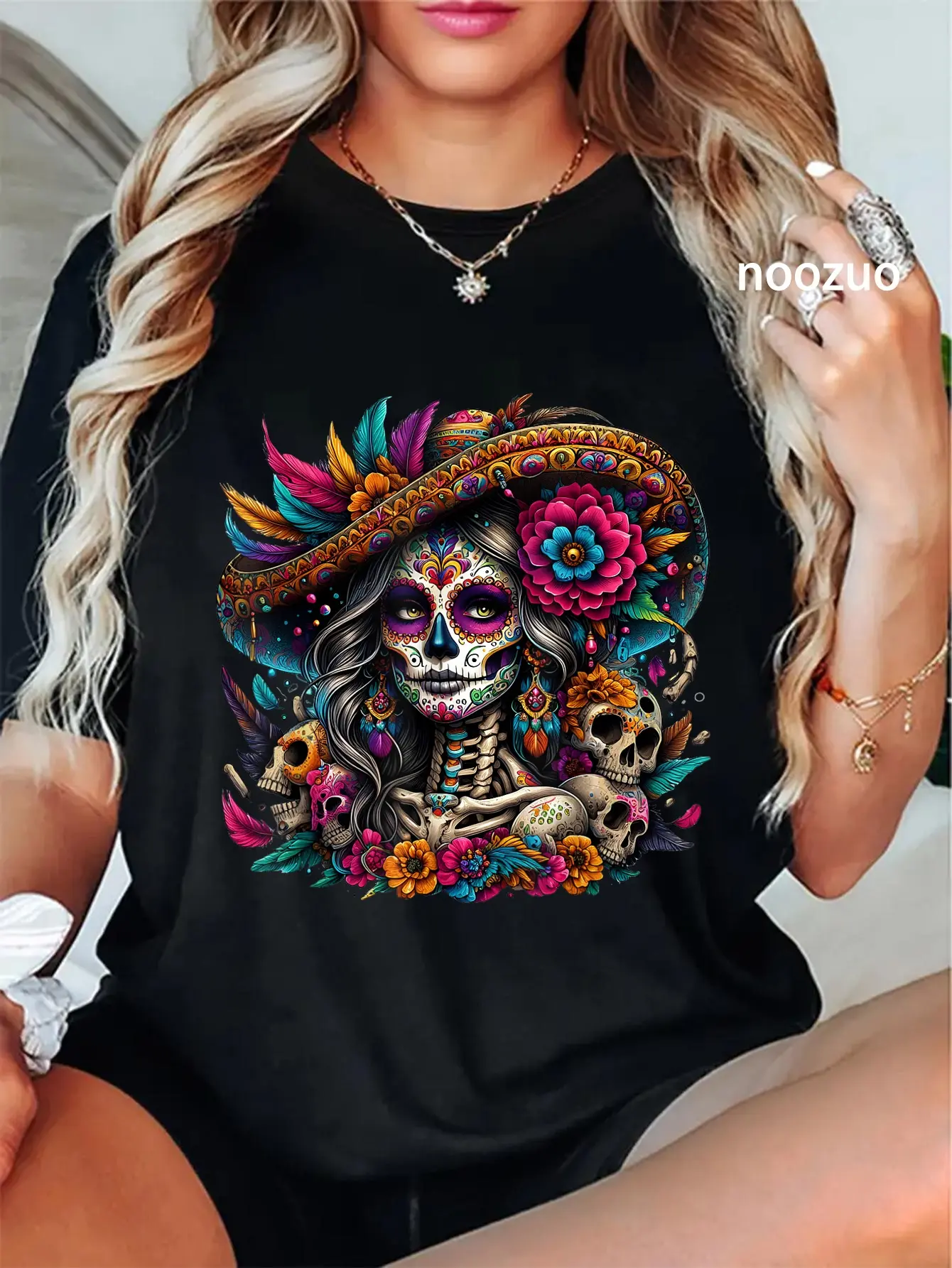 Women's Day of the Dead Tshirt, 100% Cotton La Catrina Sugar Skull Top, Casual Alternative Style for Alt Girls, Everyday, Graphic, Dark Aesthetic