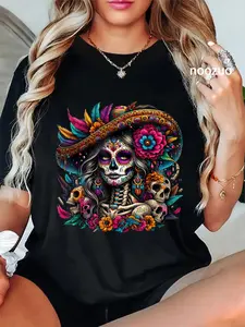 100% Cotton Unisex De Los Muertos La Catrina Day of The Dead Sugar Skull Women T-Shirt