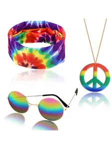 Hippie Accessories Set with Tie Dye Headband & Peace Sign Necklace, 70s Retro Costume for Men & Women, Hippie Halloween & Theme Party Outfit