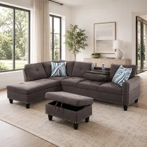 97.5" L-Shaped Sectional Sofa with Storage Ottoman, Convertible Chaise Couch, Cup Holders, Brown Fabric Living Room Furniture Set