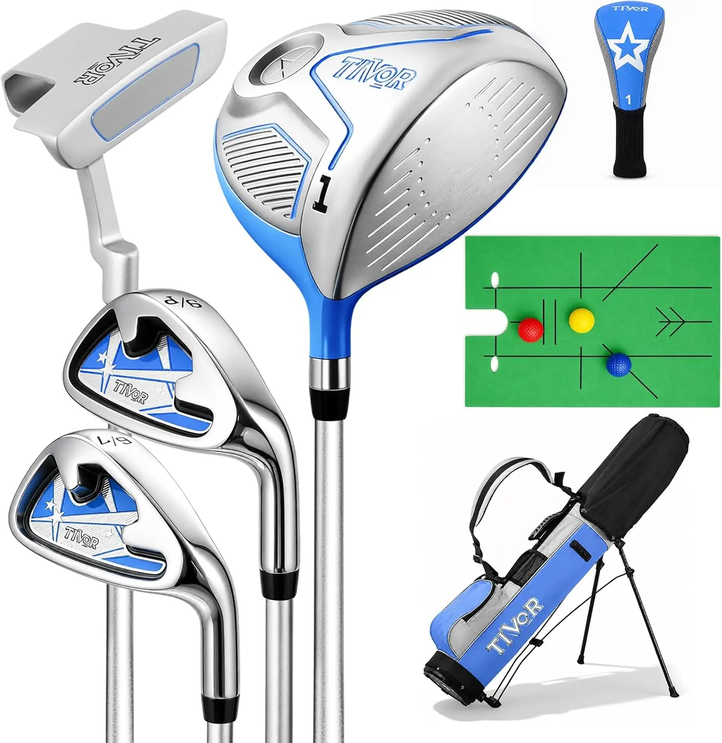Kids Golf Clubs Set for Ages 6-8,Right Handed Junior Golf Clubs 7 Piece Set with 400cc Driver,7 Iron,9 Iron, Putter,Stand Bag,Headcover & Practice Mat,Kids Golf Set for Height 3'10"-4'4",Orange Blue