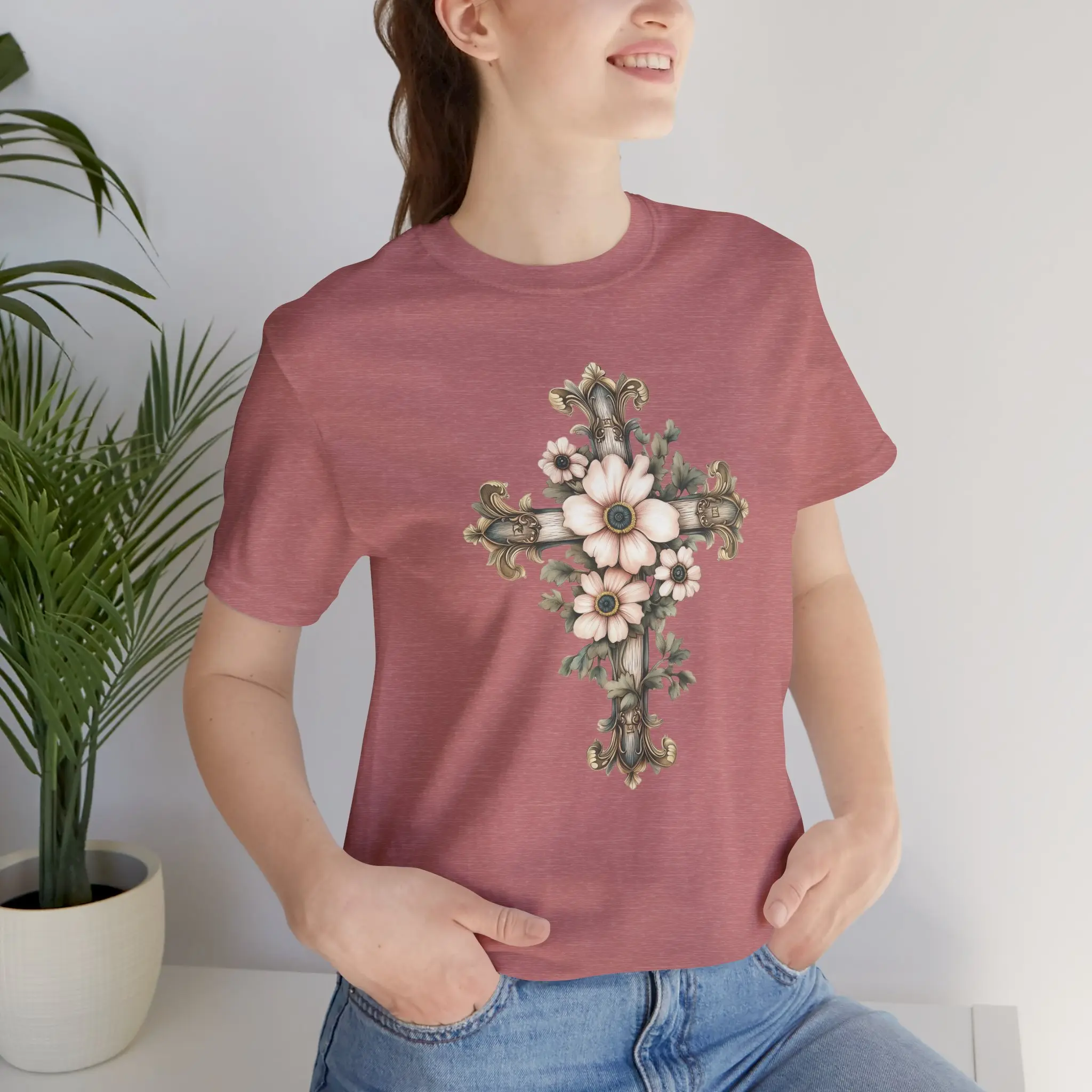 Floral Vintage Cross T-Shirt | Decorative Dogwood Cross Religious Tee