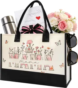 Mother Day Gift for Mom from Son Daughter- Large Canvas Tote Bag for Women New Mom Gifts, Floral Print Beach Bag Mama Gift for Mother's Day Birthday
