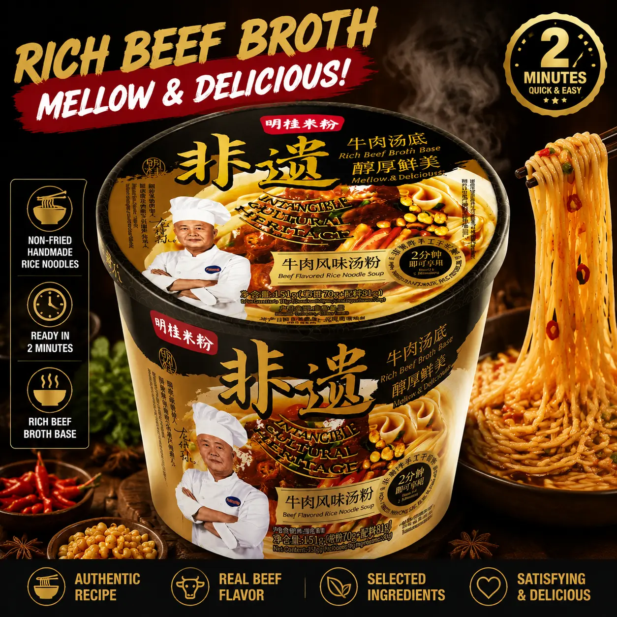 Minggui Beef Flavor Rice Noodles Cup | Rich & Savory Chinese Beef Broth | Traditional Guangxi Rice Noodles |