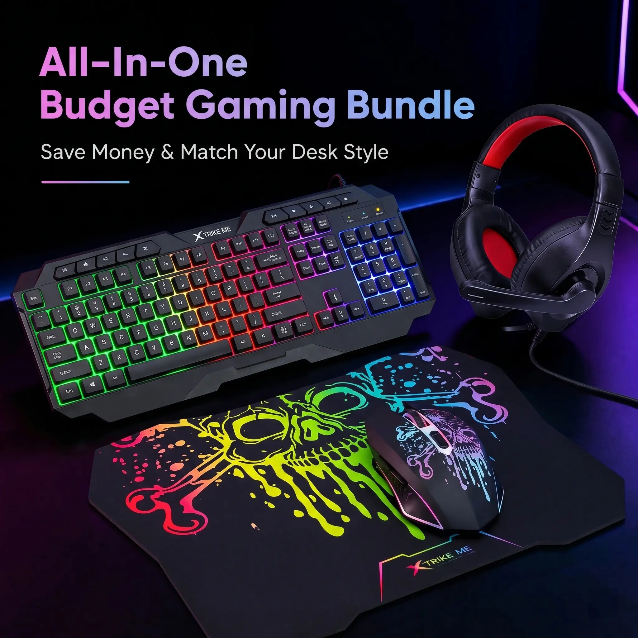 4-in-1 Wired Gaming Combo Kit with 104 Keys Keyboard & 10 Multimedia Keys, 3-Color Backlit, 6D Mouse Up to 8000DPI 7-Color Lighting, Over-Ear Headphone, Anti-Slip Mouse Pad, Perfect for Gamer Office Home Desktop Laptop PC