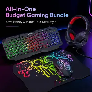 4-in-1 Wired Gaming Combo Kit with 104 Keys Keyboard & 10 Multimedia Keys, 3-Color Backlit, 6D Mouse Up to 8000DPI 7-Color Lighting, Over-Ear Headphone, Anti-Slip Mouse Pad, Perfect for Gamer Office Home Desktop Laptop PC