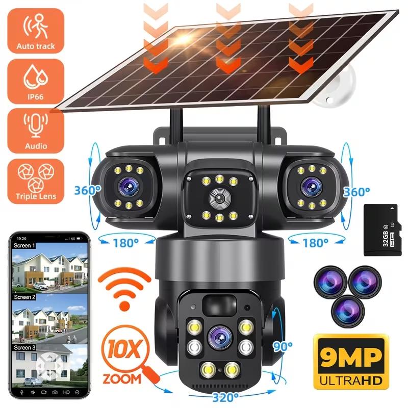High Definition 4K/9MP | Wireless Outdoor Solar Powered Security Camera – 2.4G Hz Wiif, 360° Panoramic View PTZ Camera, 3-Lens, PIR Human Detection, Alarm Push, Color Night Vision, Two-Way Audio, Solar Panel Or USB Charging