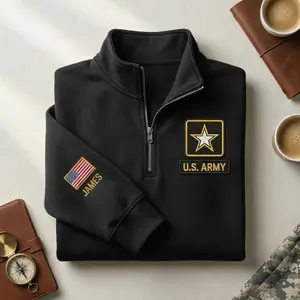 Custom US Army Quarter Zip Sweatshirt, Minimal Military Embroidered Pullover, Army Star Patch Custom Name Patriotic Gift