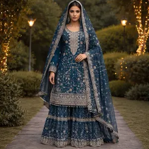 Malhaar Navy Blue Chiffon Gharara Set with Extensive Embroidery Work on a Three-Piece Ensemble for Special Occasions