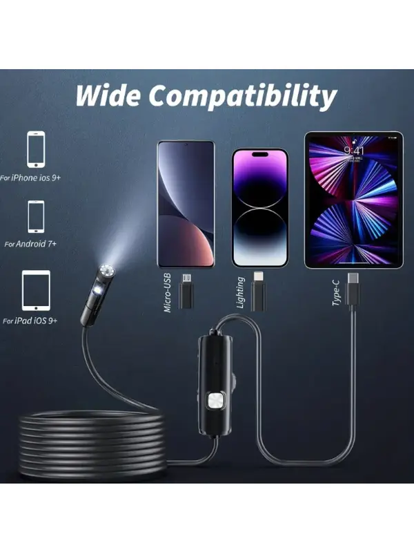 Lighted Endoscope Dual Camera, 1920P HD Endoscope Tool With 8 Adjustable LED Lights, Endoscope With Semi-Rigid Snake Camera, Waterproof 8mm Wide-Angle Inspection Camera,
