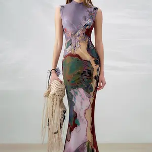 New Chinese Style Cheongsam Dress in Purple Spell Beige & Black Spell Brown Fishtail Skirt Sleeveless Polyester Fabric Halter Neck Traditional Asian Clothes for Social Occasions Womenswear