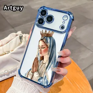Protective Four Corners Plated Phone Case for iPhone 17 16 Pro Max 15 Plus 14 13 12 11 E Air Our Lady of Grace Patterned Shockproof Transparent Soft Silicone Cover