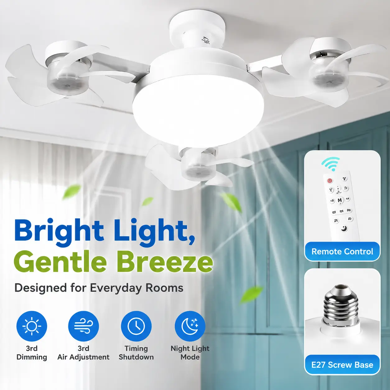 Ceiling Fan Light with Remote Control, 19.69 Inch Screw inLED Fan Light, E26/E27 Base Foldable Ceiling Fan with 4Fan Heads, Quiet Airflow & Bright Lighting, EasyInstallation for Bedroom, Living Room, Kitchen, Office,Dorm, Small Room Use