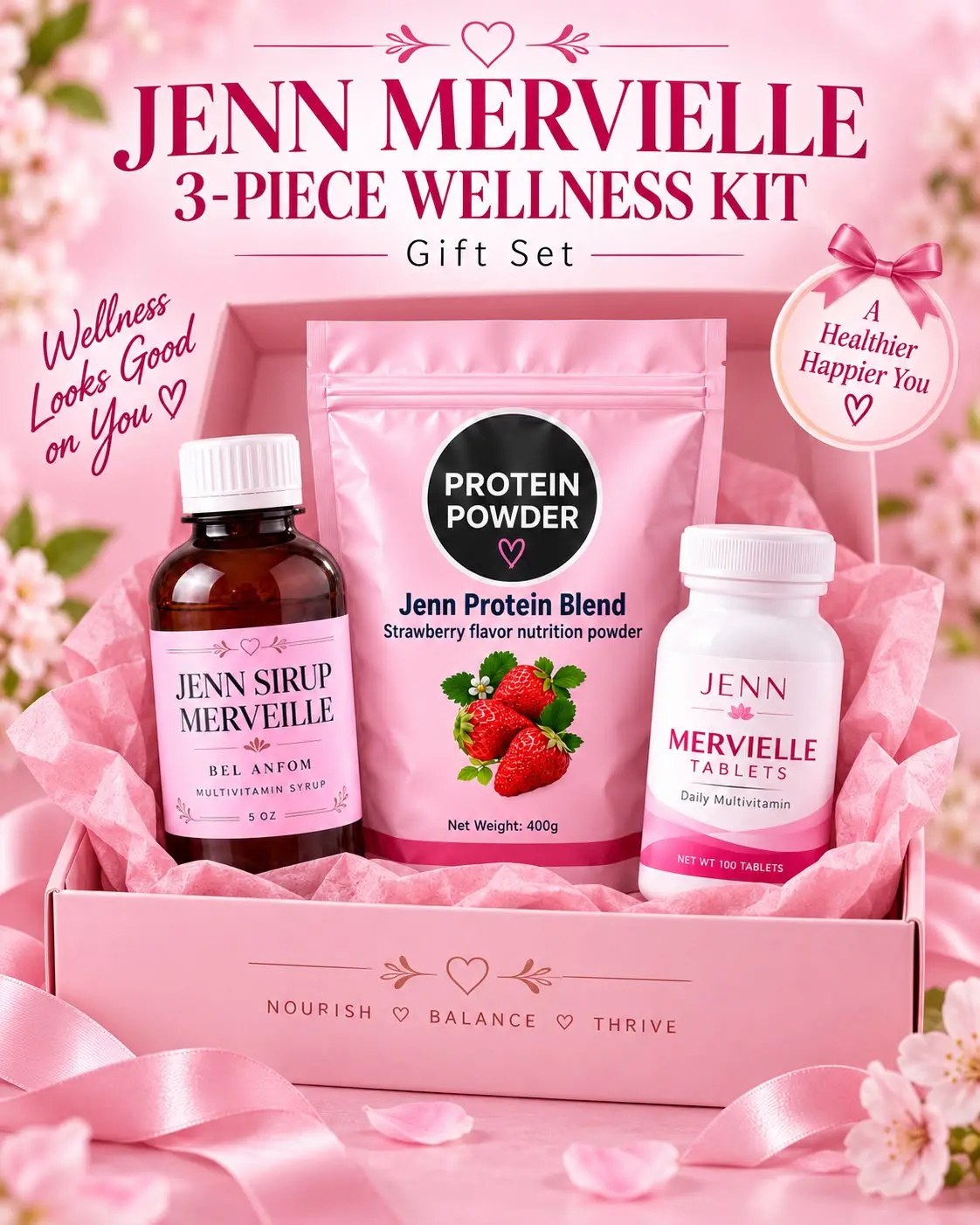 JENN MERVIELLE 3-PIECE DAILY WELLNESS KIT, MULTIVITAMIN SYRUP, MULTIVITAMIN TABLETS & STRAWBERRY PROTEIN POWDER SET