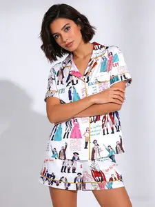 Women's Hamilton Musical Print Pajama Set, Short Sleeve Shorts, Casual Homewear, Loungewear, All Seasons, Fitted Style, Pocket Design