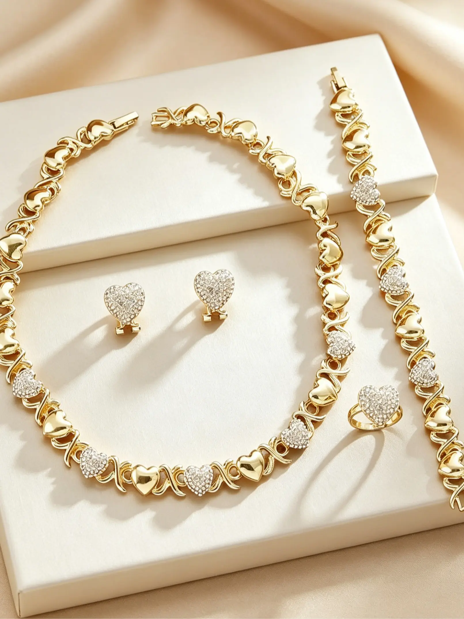 4pcs Set Of Fashionable Luxury Costume Jewelry Set Heart-shaped Design Necklace Bracelet Earring Ring Jewelry Set Set Inlaid With Shiny Synthetic Zirconia Women Romantic Engagement Wedding Jewelry Gift Jewellery Gift Set
