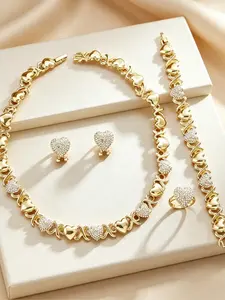 4pcs Set Of Fashionable Luxury Heart-shaped Design Necklace Bracelet Earring Ring Jewelry Set Set Inlaid With Shiny Synthetic Zirconia Women Romantic Engagement Wedding Jewelry Gift
