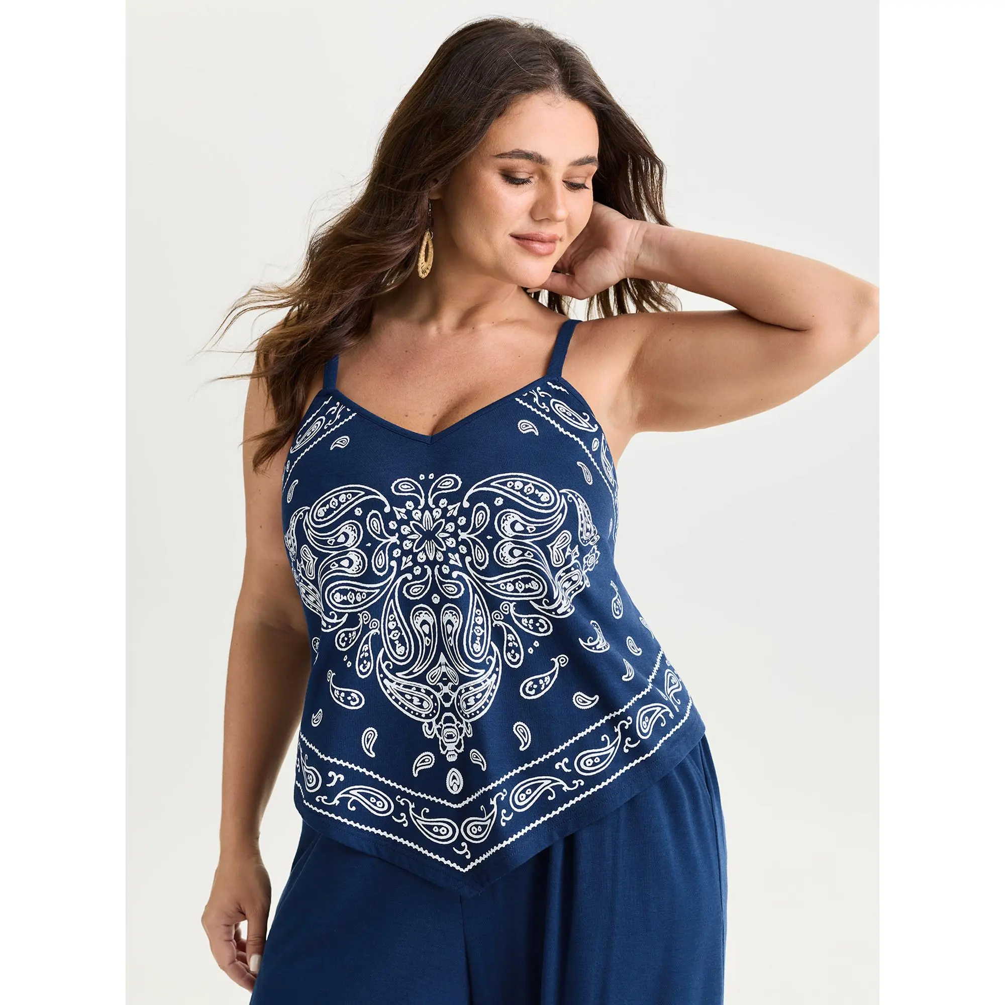BloomChic Boho Paisley Top, a Plus Size Garment in Stretchy Rayon Spandex Fabric with a Curvy Hem, Sleeveless, Plus Size Clothes, Machine Washable, Do Not Tumble Dry, Bohemian, Paisley Print, Printed, Spandex Blend, Sleeveless Wear, Fit, Allover Print Sty