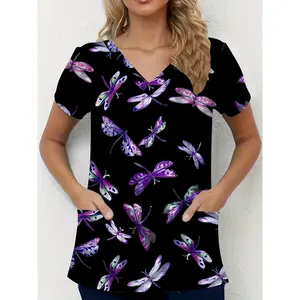 [Stretchy Dual Pockets] Dragonfly Print V-neck Top - Stretchy, Dual Pockets, Comfortable - Plus Size Clothing for Nurse, Women's Health Care Uniform