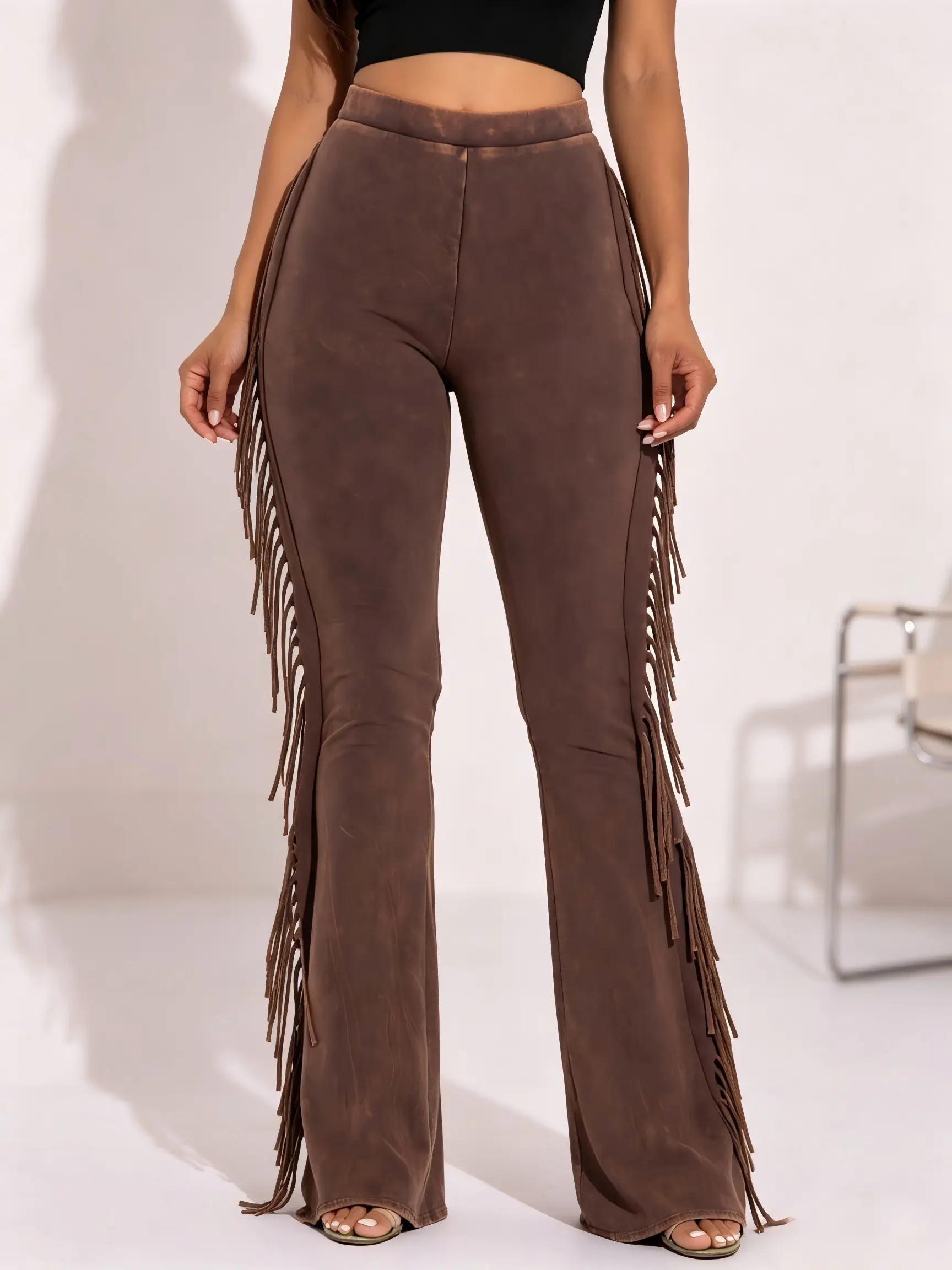 Women's Mineral Washed Pants, High Waisted Bohemian Flared Leg with Side Fringe Detail in a Stretch Cotton Blend, Bohemian Wide Leg, Side Fringes, Stretch Fabric, Pull On