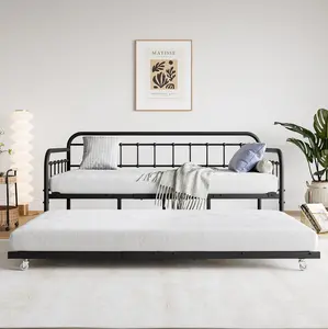 Twin Size Daybed Frame with Trundle, Metal Daybed, Sofa Bed, Heavy Duty Steel Slat Support Sofa Bed Platform with Headboard, No Box Spring Needed, Black