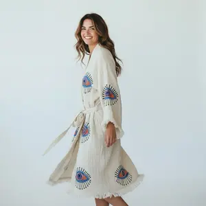 Evil Eye Kimono 100% Cotton Robe, Kaftan Multi Color Womenswear Elegance Gowns Loungewear Nightwear Coverup Chic Fit Lady Long Sleeve Underwear Rider Long sleeves Longsleeves Maxi lounge One Size Fits XS-XL boho house