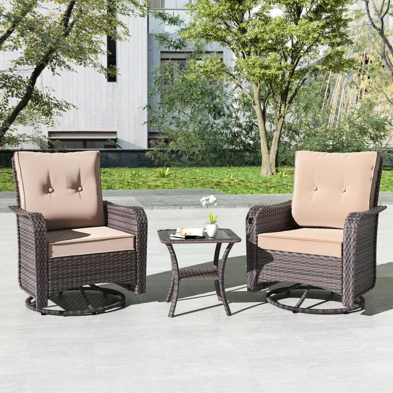 Kullavik 3-Piece Patio Sofa Set, Outdoor Furniture with 4-in Thick Cushions, 360-Degree Swivel Rocking Chairs and Rattan Side Table for Garden, Porch