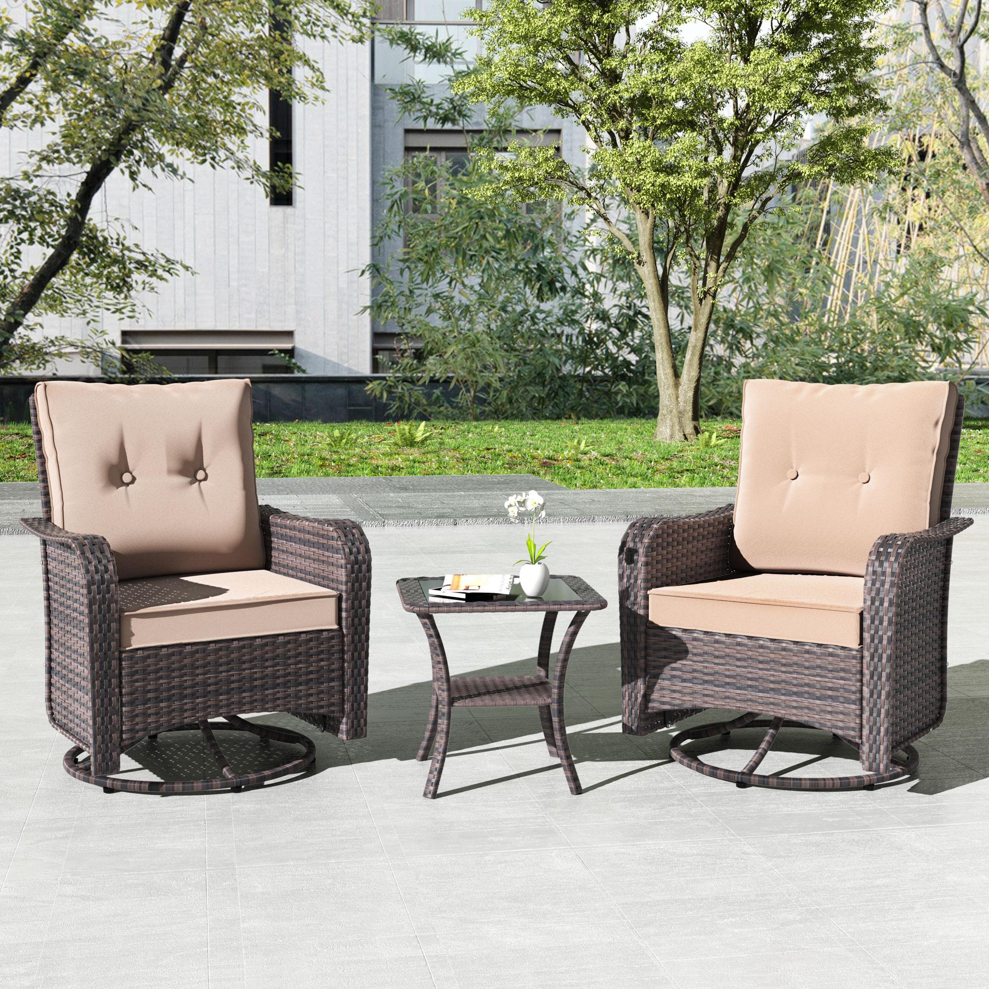 Kullavik 3-Piece Patio Sofa Set, Outdoor Furniture with 4-in Thick Cushions, 360-Degree Swivel Rocking Chairs and Rattan Side Table for Garden, Porch,summerwins