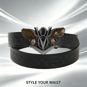 Men’s black tooled leather belt with V8 engine winged skull buckle, gothic biker-style belt for motorcycle and rock fashion