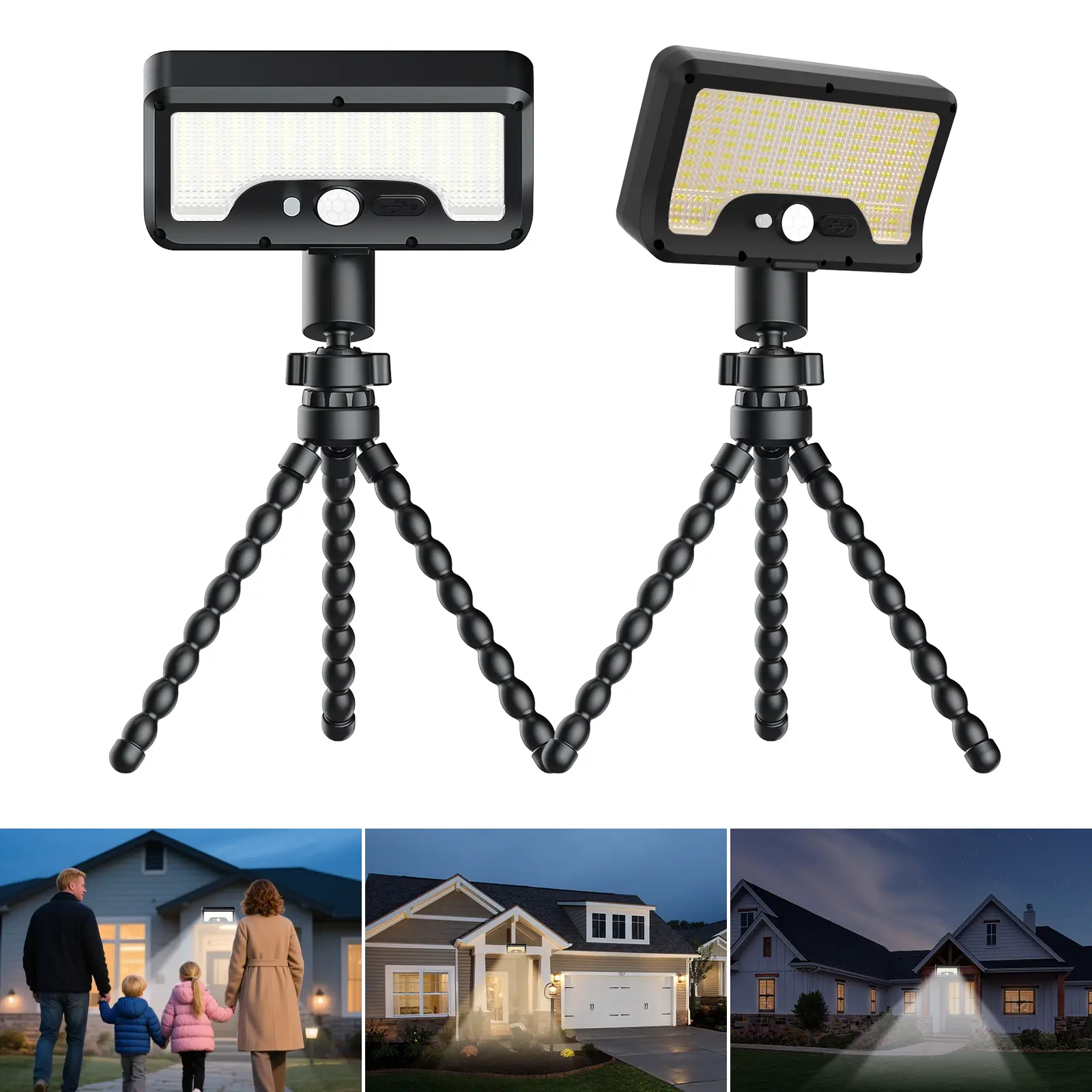 92 LED Solar Lights Outdoor with Motion Sensor, Octopus Stand, Adjustable Angle, USB & Solar Powered, Optical Diffuser Lens, 3 Modes, IP65 Waterproof Fence Lights for Garden, Gate (Black)