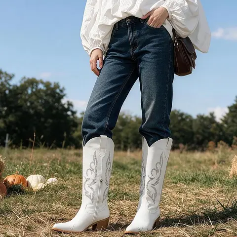 Women's Cowgirl Boots - Sparkly Rhinestones, Wide Calf, Chunky Heels, Breathable Rubber Upper, Knee-High, Decorative Stitching, Cowboy Aesthetic, Wedding-Party Footwear, Shoes for Women