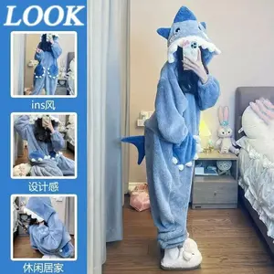 Blue Shark One-piece Pajamas Anime Cosplay Costumes Winter Coral Fleece Warm Hooded Nightgown Full Zipper Thick Onesies