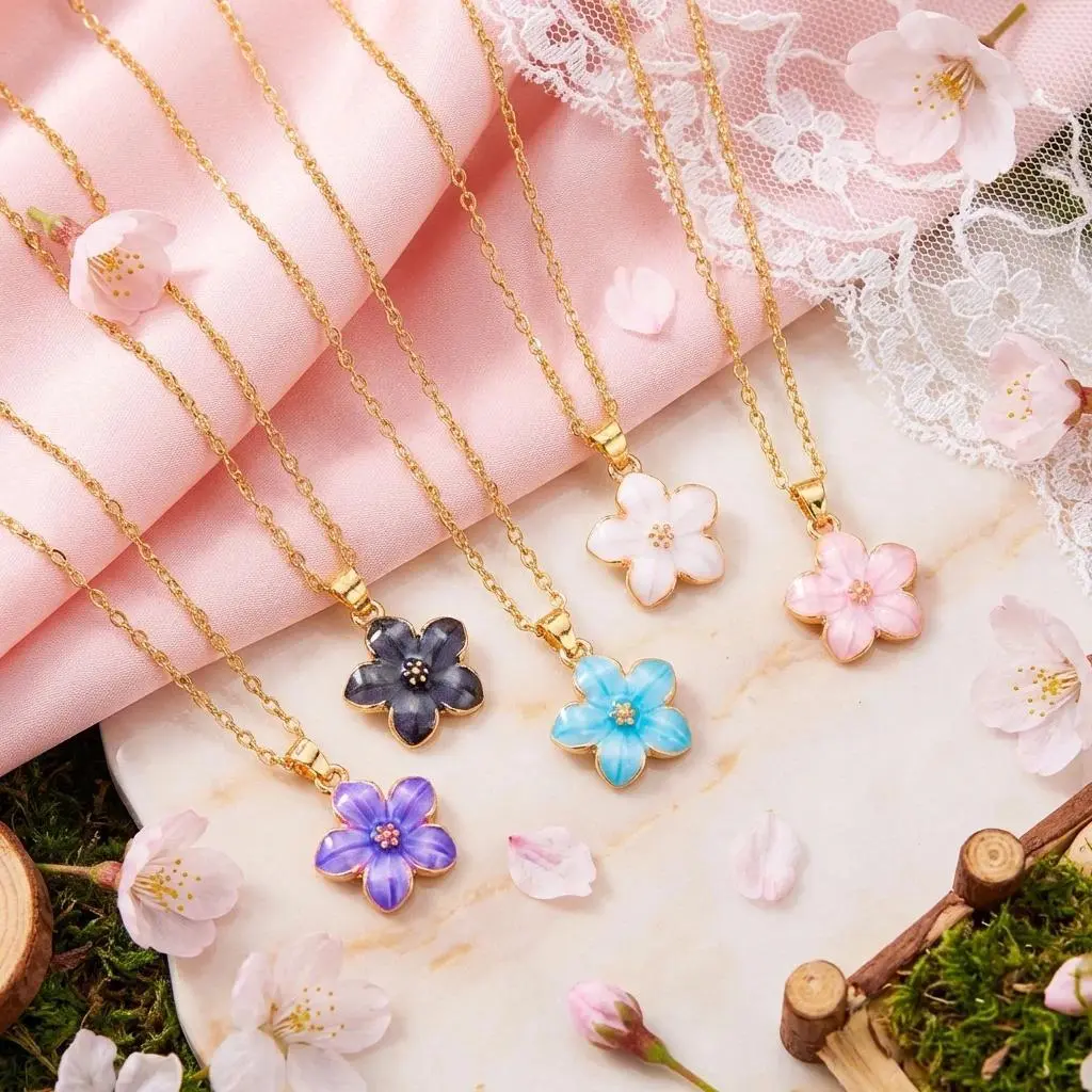 Dainty Sakura Cherry Blossom Choker Necklace for Women Enamel Flower Pendant Clavicle Chain Spring Party Jewelry Wish Card Gift