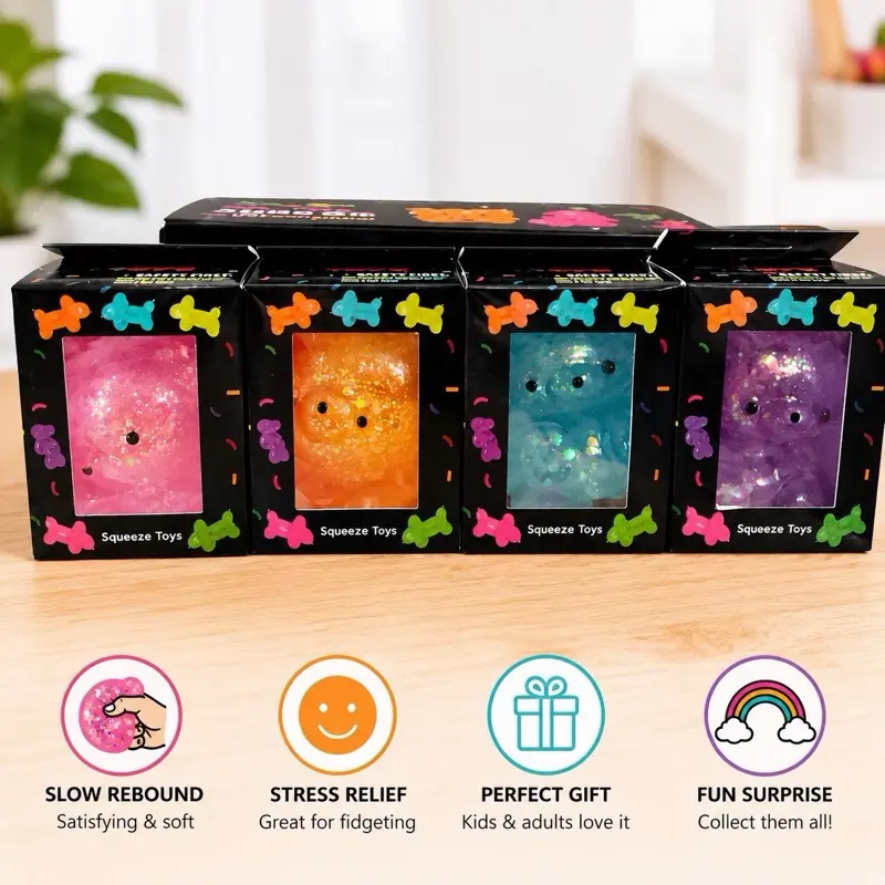 Cute Glitter Bear Slow Rising Squishy | Kawaii Stress Relief Fidget Toy | Soft Sensory Squeeze Toy | Gift for Kids & Adults | Random Color