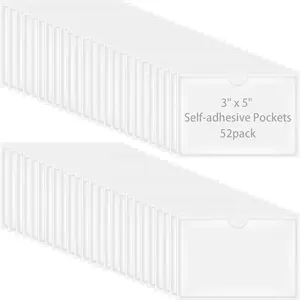 52 Pack Self-Adhesive Index Card Pockets for 3" x 5" Card, Clear Plastic Labels Holders Top Open for Loading Card Holder for Storage Bins, Library and Bins (3.74 x 5.3 Inches)