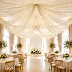 Beige Sheer Ceiling Drape – 10ft x 32ft Extra Long Drapery Panel for Wedding Canopy, Backdrop & Reception Décor