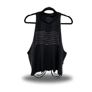 USA FLAG BLACK RHINESTONES ROAD RASH CROP TANK TOP
