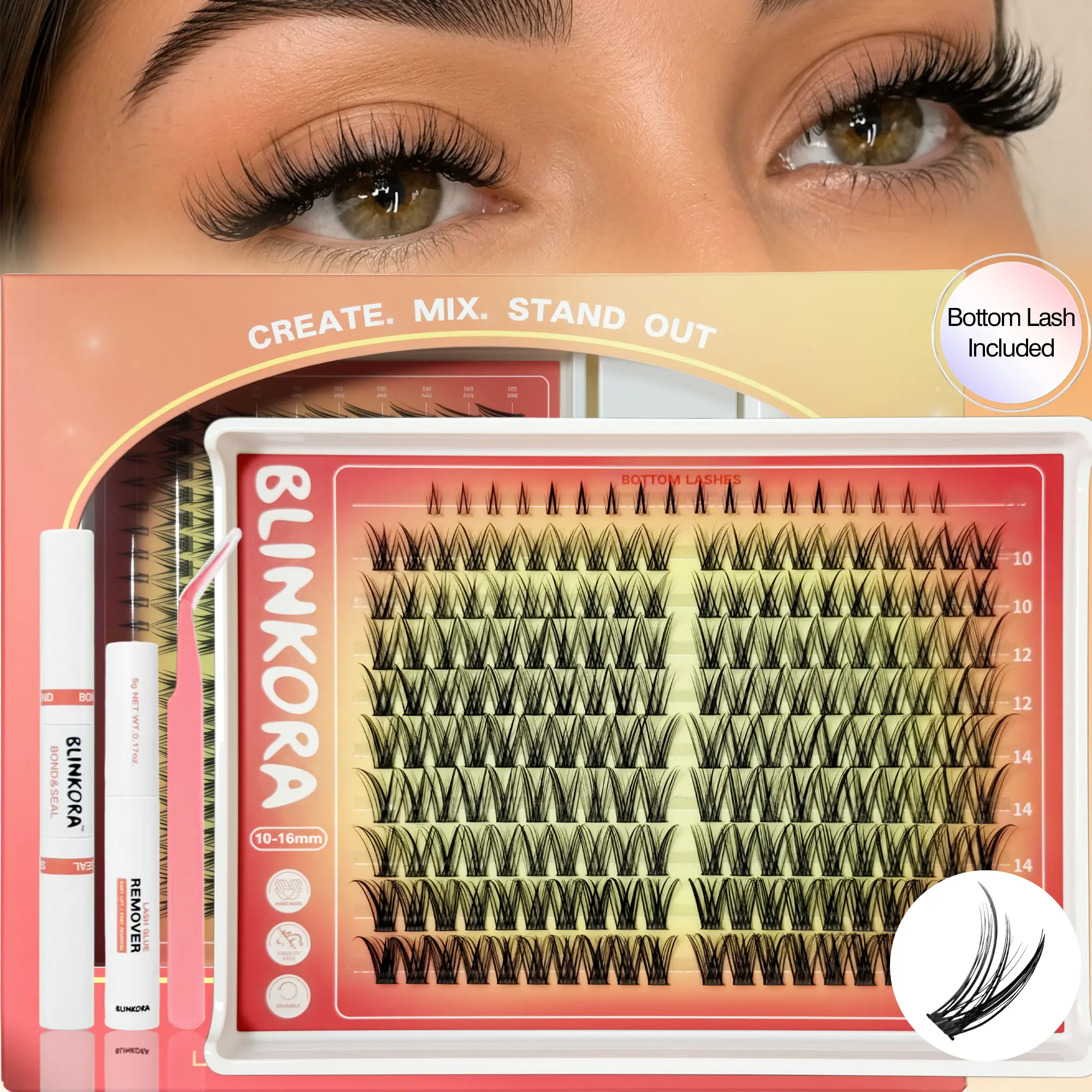 Blinkora BunnyLite Muse Lash Cluster Kit - Cat Eye 10-16mm Beginner-Friendly DIY Wispy Natural Eyelash Extensions, Waterproof, Lightweight, Long-Lasting, Thin Band, Bond & Seal, Remover & Applicator for Clean Daily Makeup Look, Eyelashes Extensions