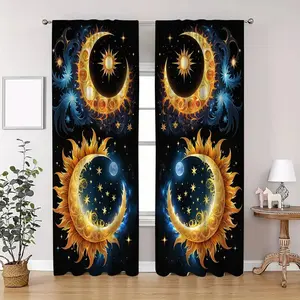 Moon & Sun Pattern Curtain, 2 Counts/set Ramadan Theme Semi Blackout Curtain, Window Curtain for Home Living Room Bedroom Decor