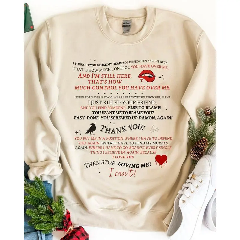 Damon and Elena Letter Sweatshirt Hoodie, The Vampire Diaries Shirt, Vintage Movie Shirt, Christmas Gift, Damon and Elena Fan Apparel, TVD Merch Fit Tshirt, Hoodie and Sweatshirt Womenswear Womenswear Womenswear