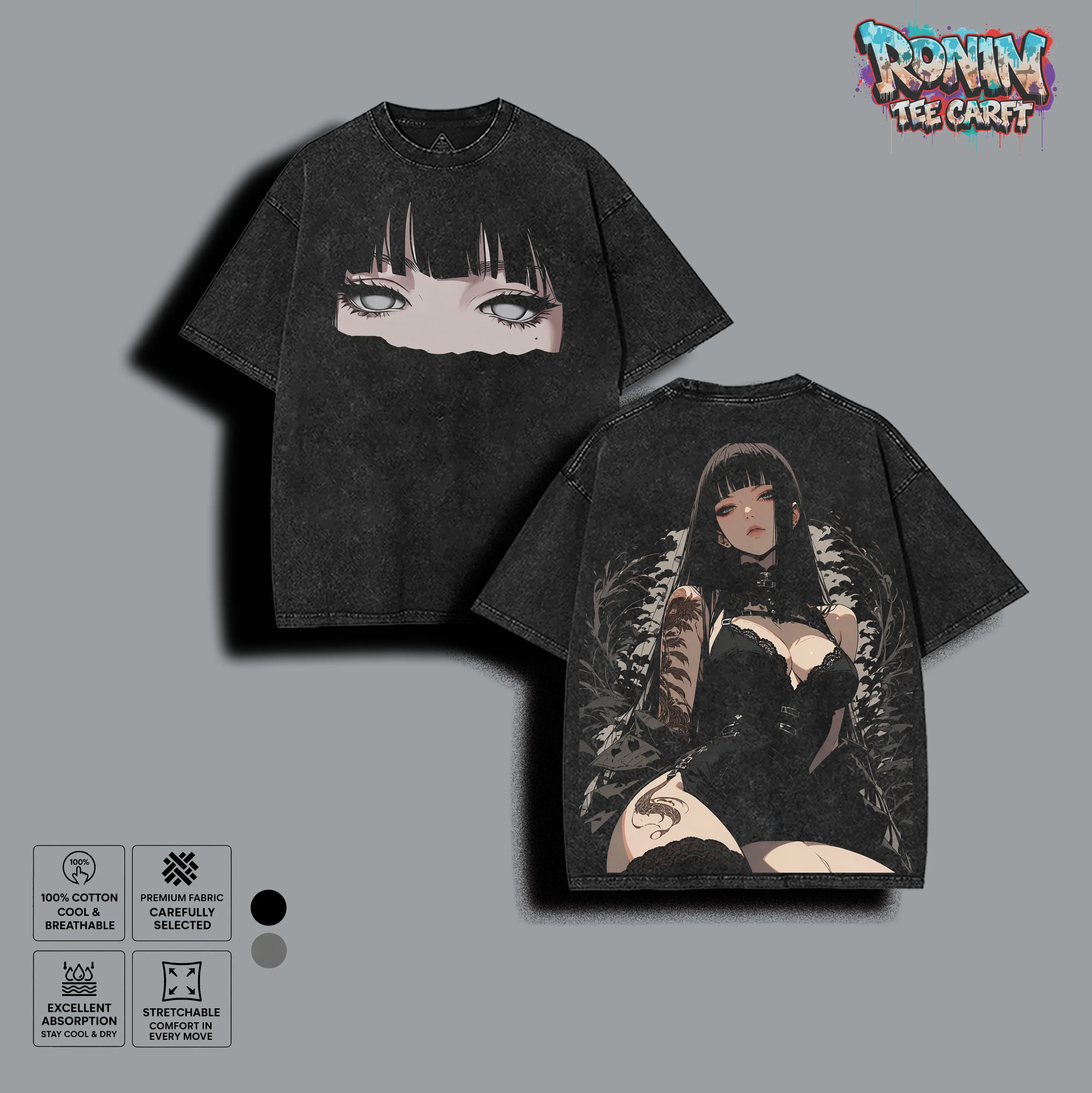 Men's Oversized Graphic T-Shirt, Heavyweight Washed Cotton Streetwear with Anime Back Print, Casual Seamless Top, Menswear, Fabric, Round Neck, Tshirt, Graphic Print, Retro