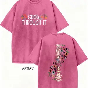Unisex Oversized Washed Pink Cotton T-Shirt "Grow Through It" Floral Spine Graphic Tee Casual Tops 2026 Gift tshirt women