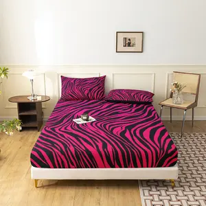 Rose Red Zebra Stripe Bedding 3pcs Fitted Sheet Set- Minimalist Life, Showcasing Individual Style This Is A Highly Individual And Unique Fitted Sheet(1 Fitted Sheet+2 Pillowcase,No Pillow)