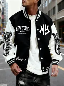 Trendy Baseball Jacket New York Style Ny Letter Pattern, Colorblock Sleeves, All Season Comfortable Outerwear, Perfect for Travel and Parties