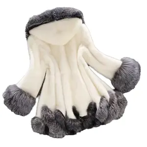 Women's Fashion White Black Leopard Print Faux Mink Wool Coat and Parka Jacket with Hood Long Overcoat Style Trench Outerwear