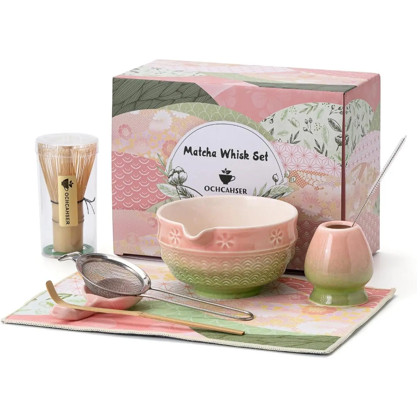 Matcha Tea Set, 8 Pcs Japanese Matcha Kit with Cherry Blossom and Wave Design Ceramic Bowl, Bamboo Whisk, Whisk Holder, Scoop, Sifter, Brush, Matcha Kit Set for Matcha Lovers (Pink-Green)