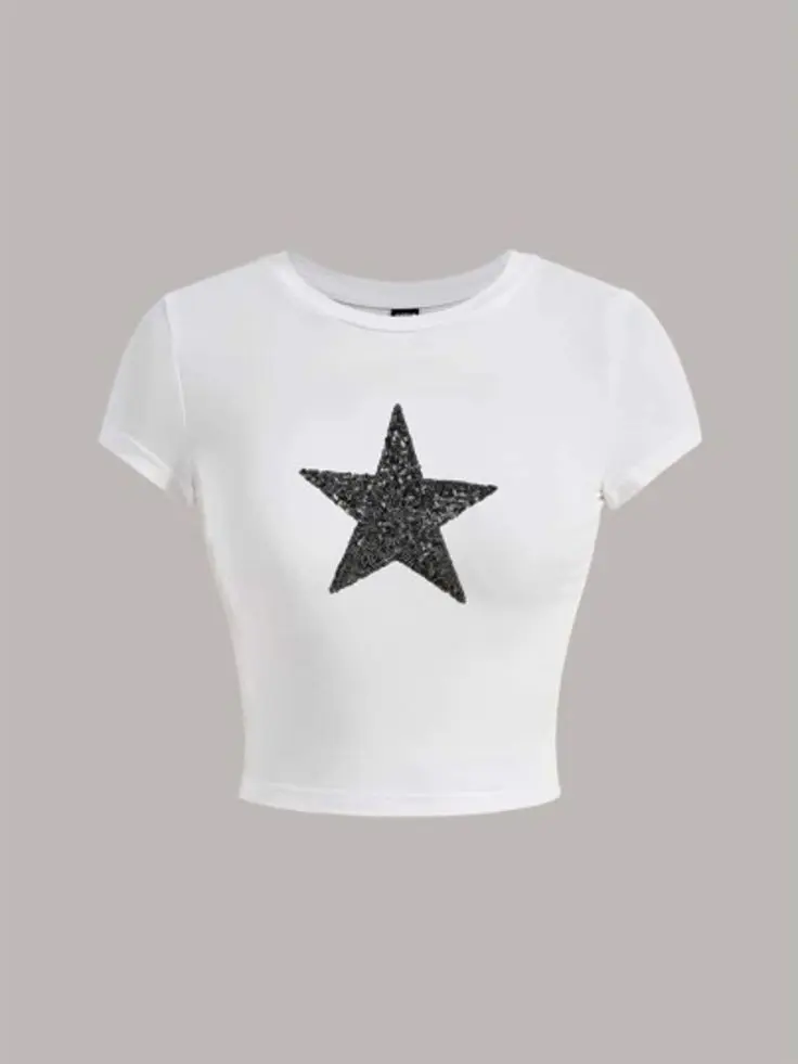 Y2K Grunge Aesthetic White Crop Top Retro Sequin Star Baby Tee Coquette Fitted Short Sleeve Cotton Ribbed Rib Knit Summer Streetwear Gift for Teen Girls