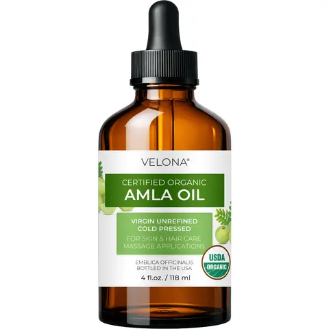 Velona USDA Certified Organic Amla Oil - 4 Fl Oz, Extra Virgin, Unrefined, Cold Pressed, Pure, Alcohol-Free Carrier Oil for Adults, Hair Loss, Body Care, Vitamin C-Infused Nourishing Haircare Solution
