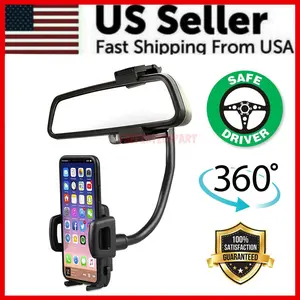 Universal 360° Car Rearview Mirror Mount Stand Holder Cradle For Cell Phone GPS Adjustable Angle Non-Slip Surface ABS Material Safe Driver