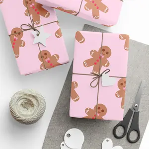 Pink Gingerbread Men Pattern Christmas Wrapping Paper, Pastel Cookie Motif, Modern Holiday Gift Wrap For Kids And Her
